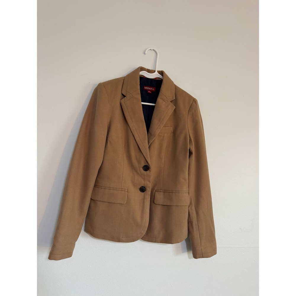 Classic Camel Blazer Old Money Preppy Office Chic Wool Blend Size 2 - Picture 2 of 7